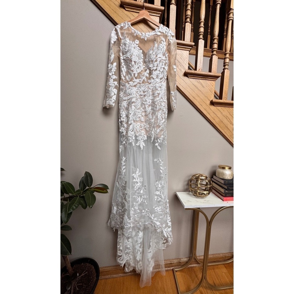 Wedding Bridal Gown White Dress XS/S Lace Floral Appliqué Sheer Long Sleeve - Picture 2 of 16